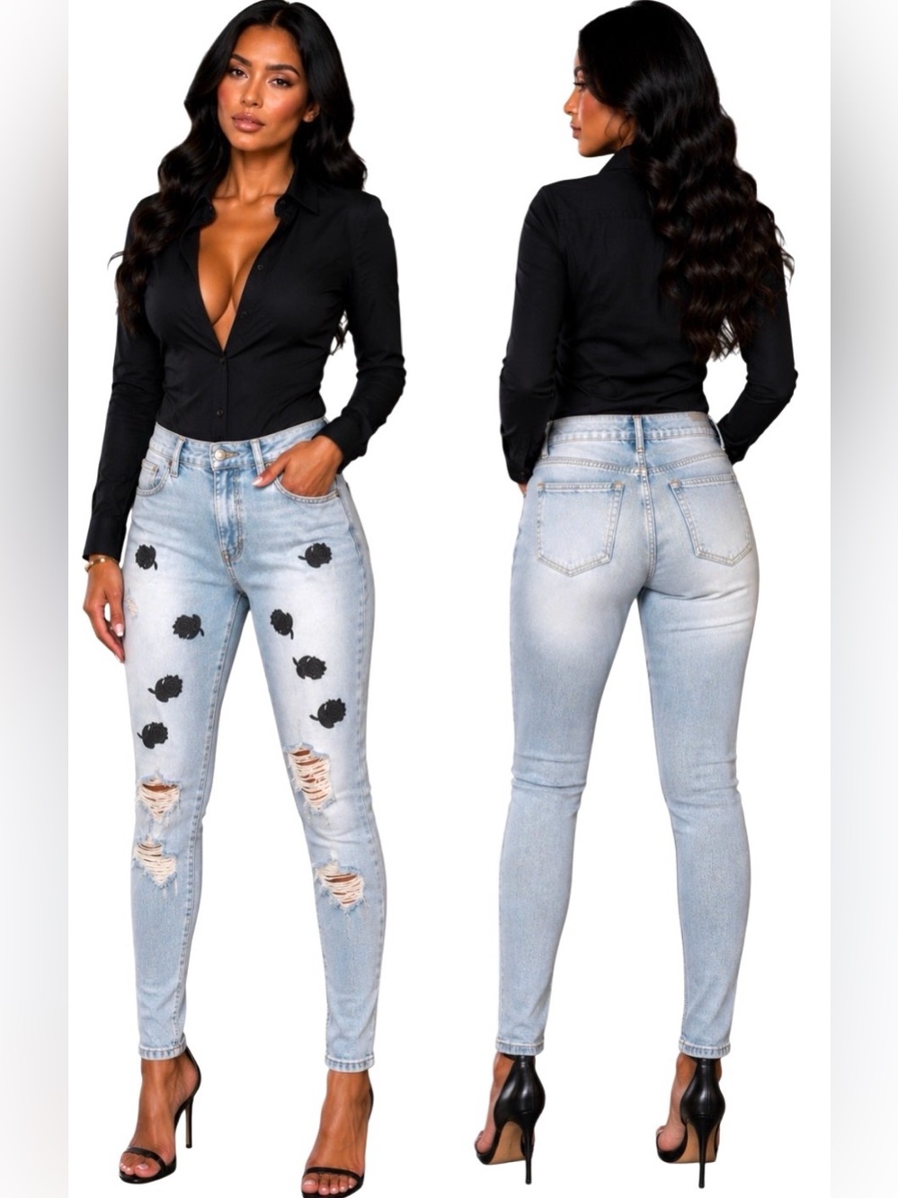 SO Light Wash Distressed Women's Jeans with Black Embroidered flowers size 7/28w